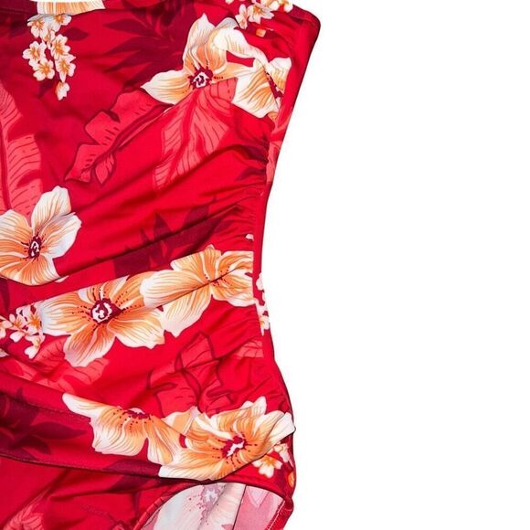 VINTAGE JANTZEN Halter Removable Strap Red Floral One Piece Bathing Suit Size 16 - Picture 4 of 8